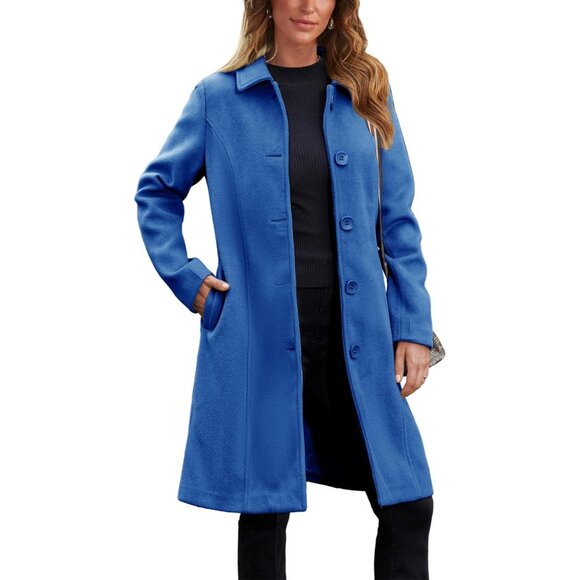 Women's Blue Pea Coat Single Breasted Winter Coat Dress Coat with Pockets - Picture 1 of 8